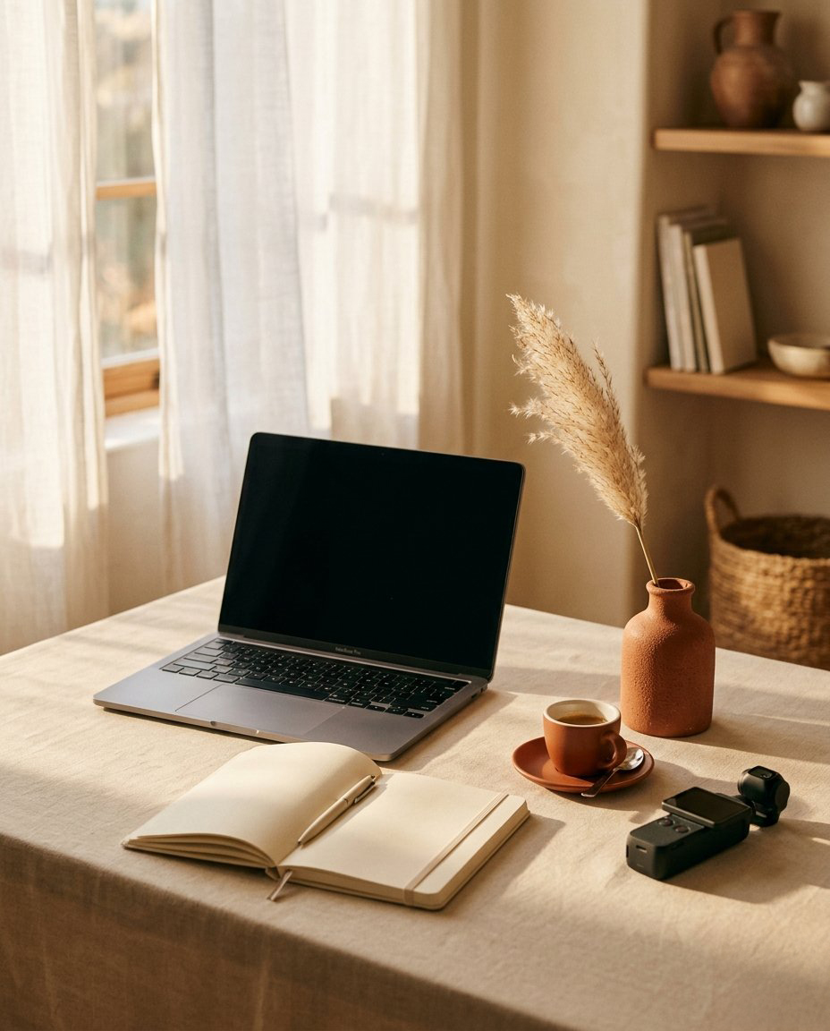 Han's desk: MacBook, Osmo Pocket, notebook, espresso, pampas grass in soft morning light